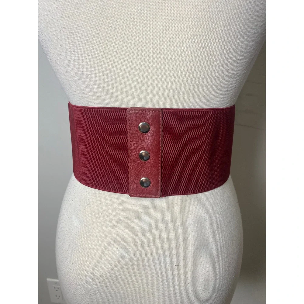 Burgundy Red Lace Corset Belt Y2K Wide Elastic Waist Cinch Snap Floral Rose S/M
